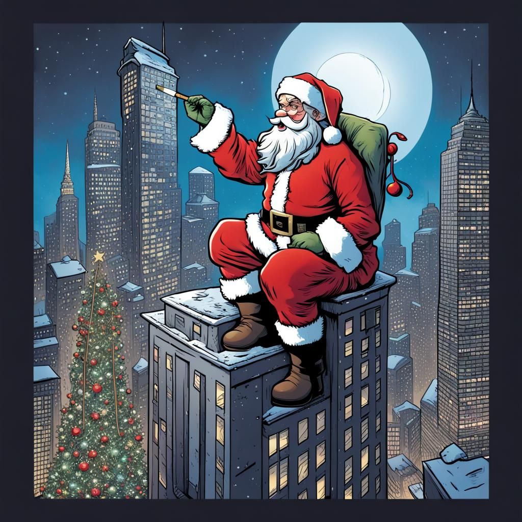 Santa Decorates Skyscraper in Comic Book Style