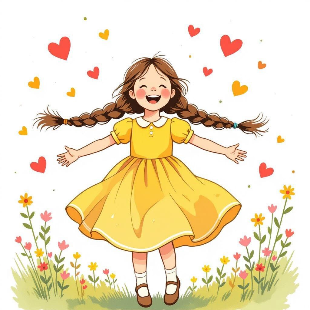 Girl in Yellow Dress Jumping with Hearts