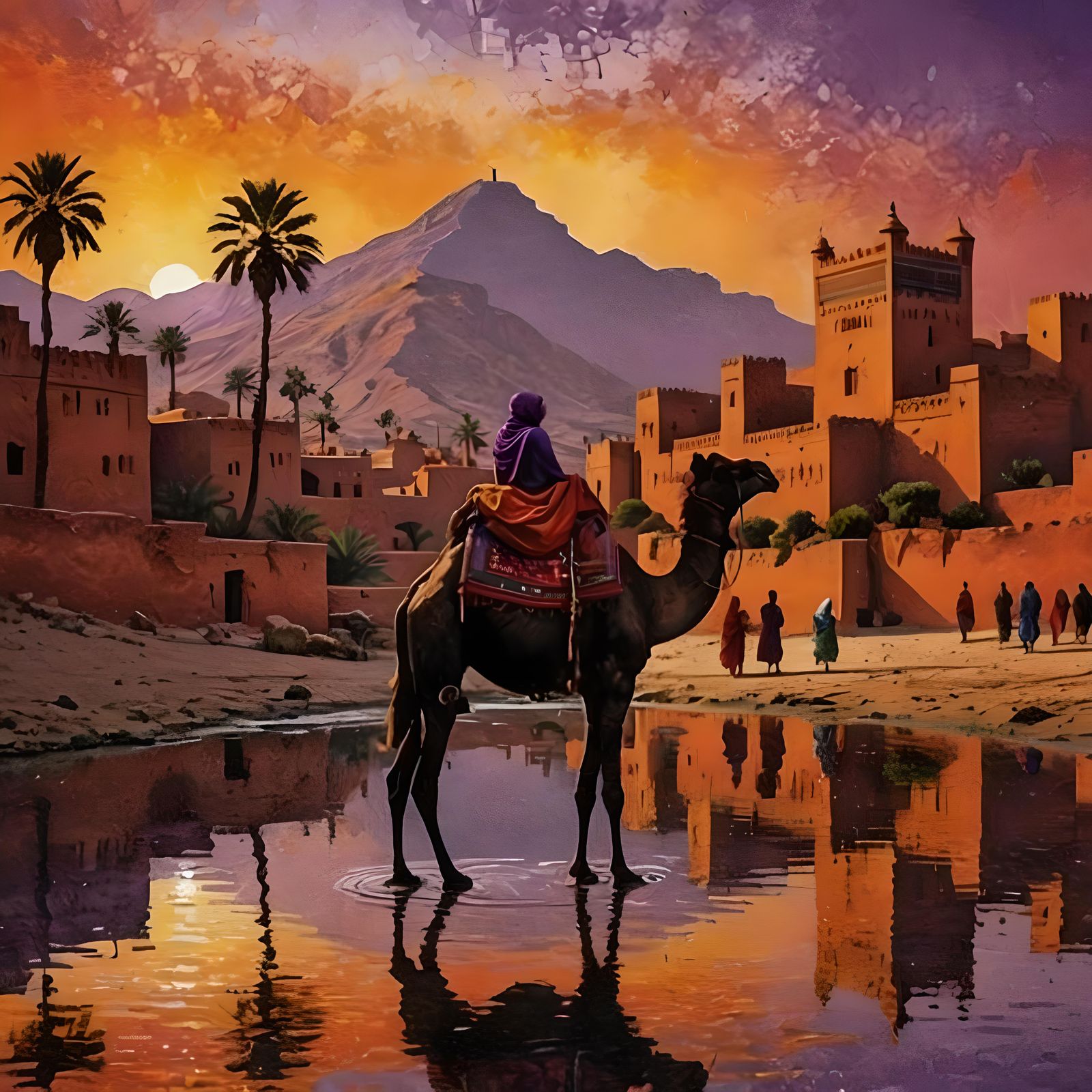 Moroccan Kasbah Scene in Dichromatic Silhouette Art