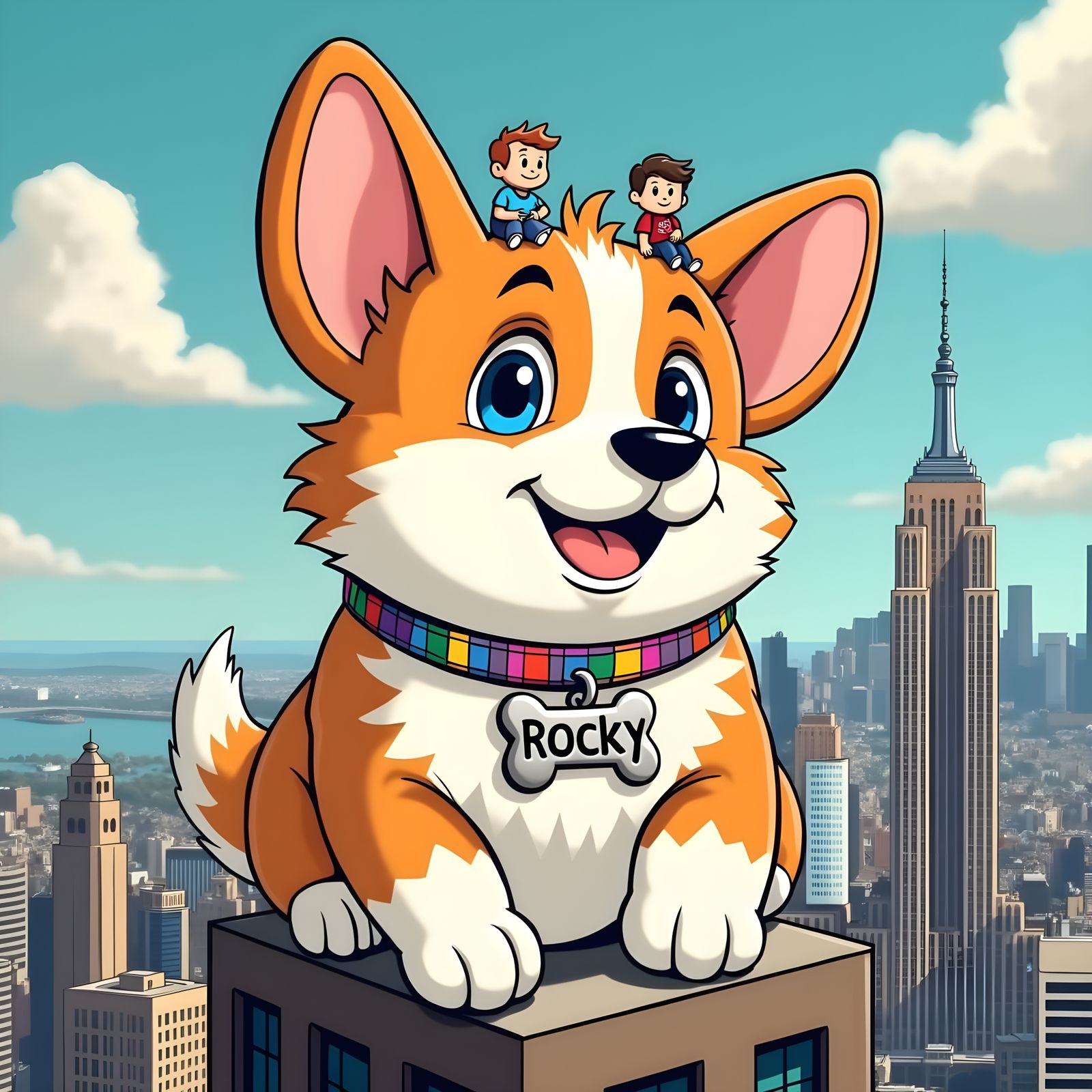 Cute Cartoon Corgi Towers Over City Skyscrapers