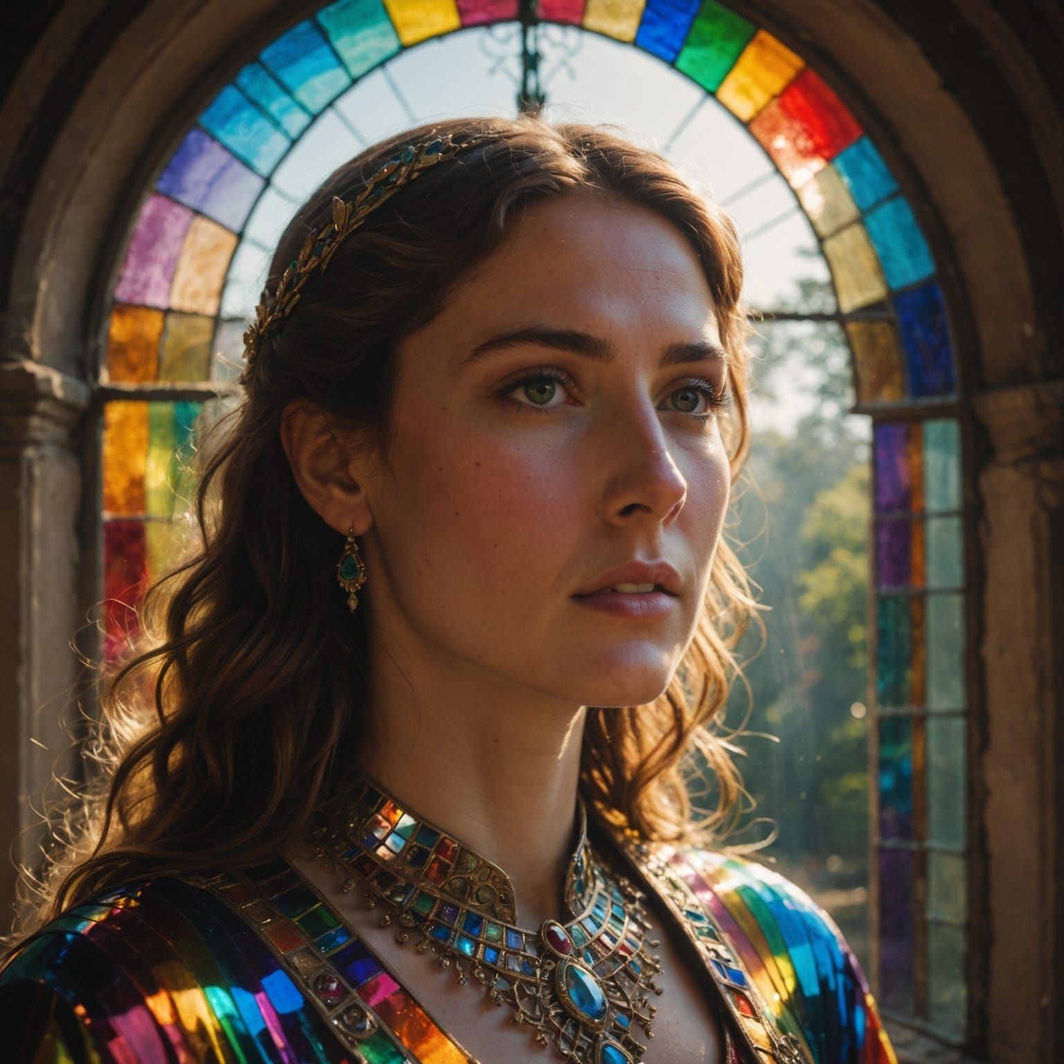 Rainbow Light on Woman's Face Through Antique Window