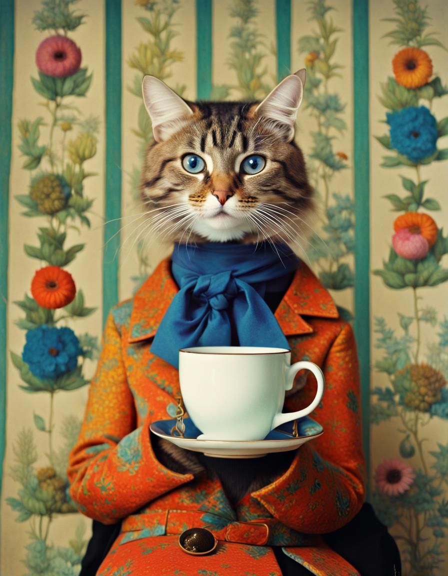 Cat style fashion with tea.