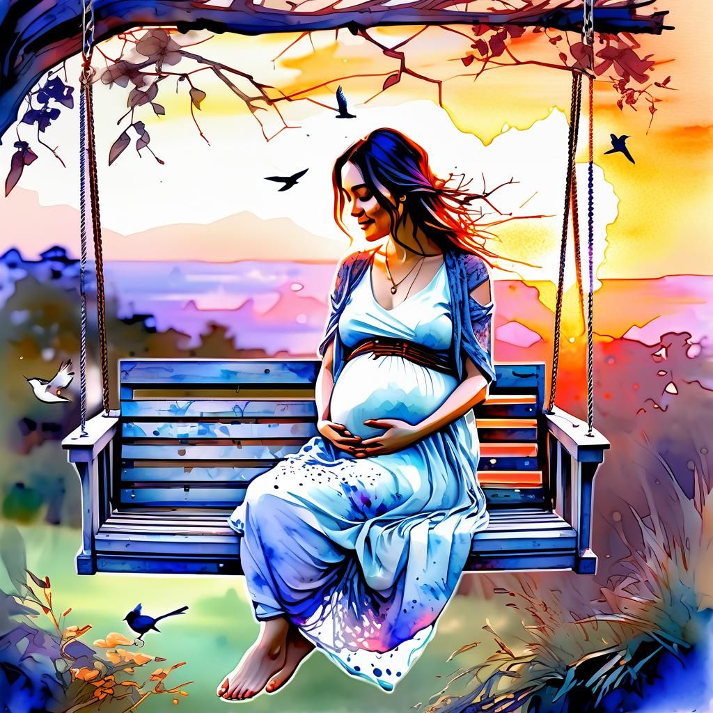 Pregnant Woman on Porch Swing: Watercolor Fantasy