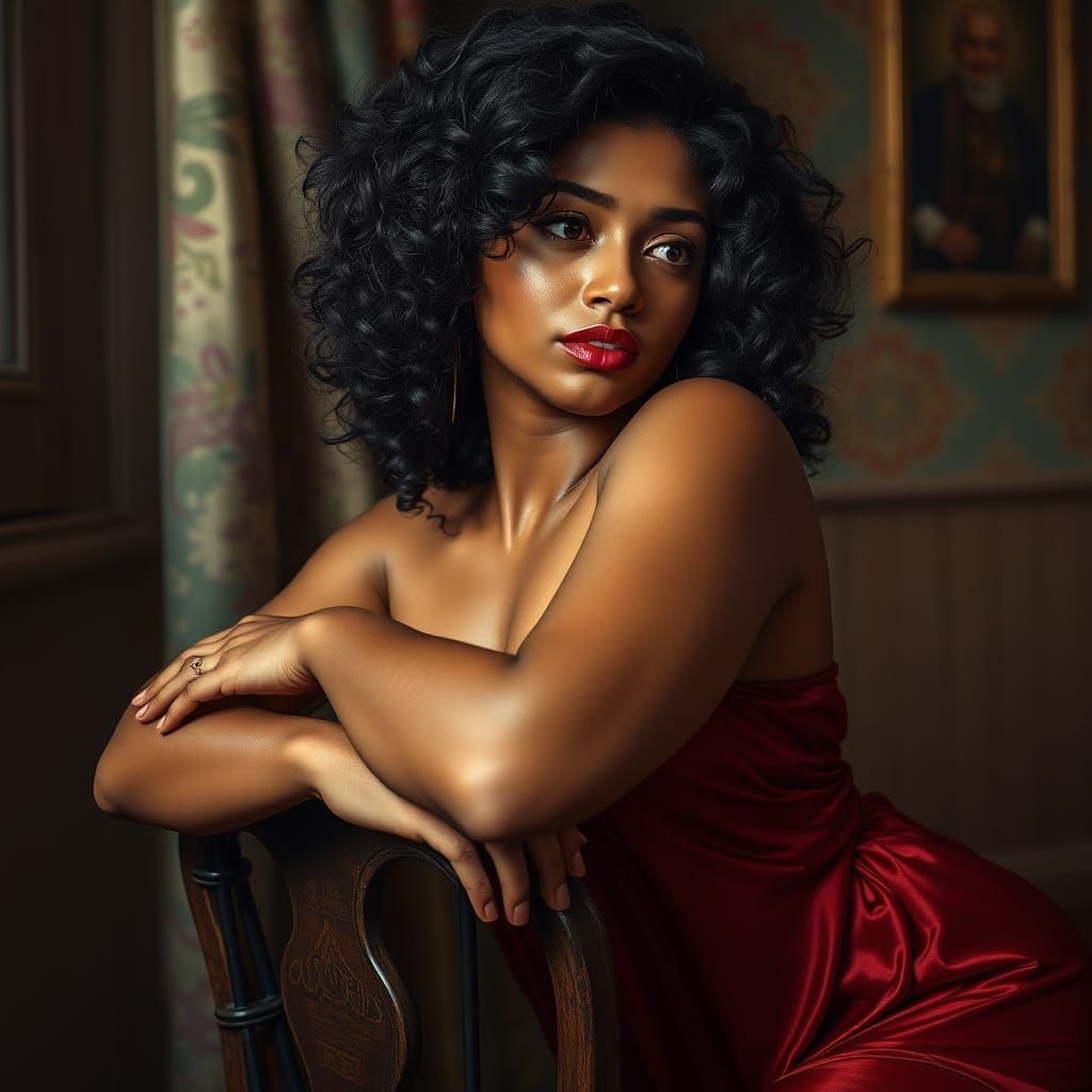 Elegant Indian Woman in Red Silky Nightgown