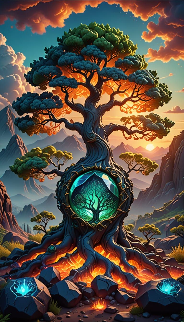 Surreal Fantasy Gemstone Tree at Earth's Core Radiates Life
