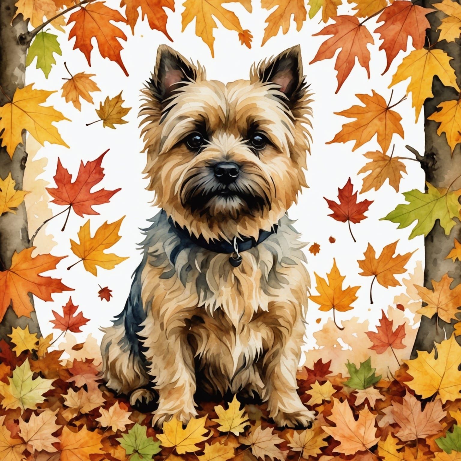 Cairn Terrier in Watercolor Autumn Landscape
