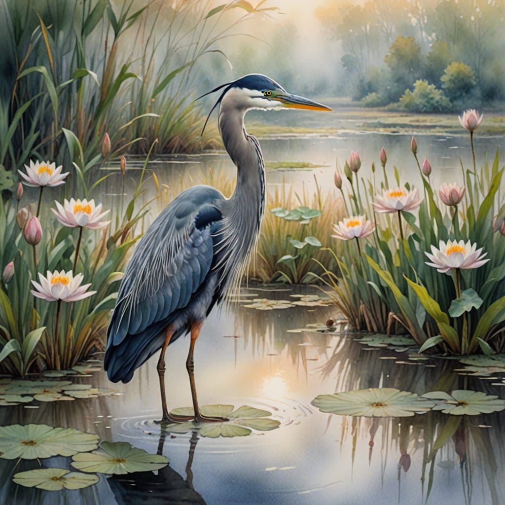 Whimsical Heron in Misty Wetland Watercolor