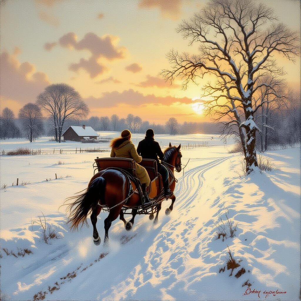 Sleigh Ride Through Snowy Fields in Friedrich & Turner Style