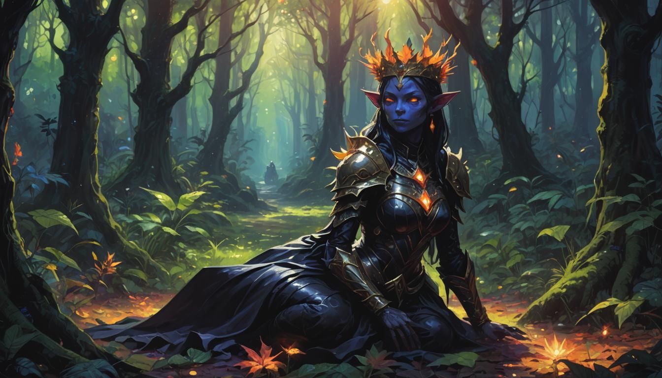 Dark Goblin Priestess in Bioluminescent Forest