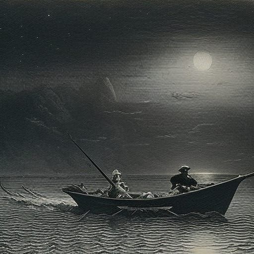 man and woman on lifeboat at sea at night horror Gustave Doré Greg Rutkowski