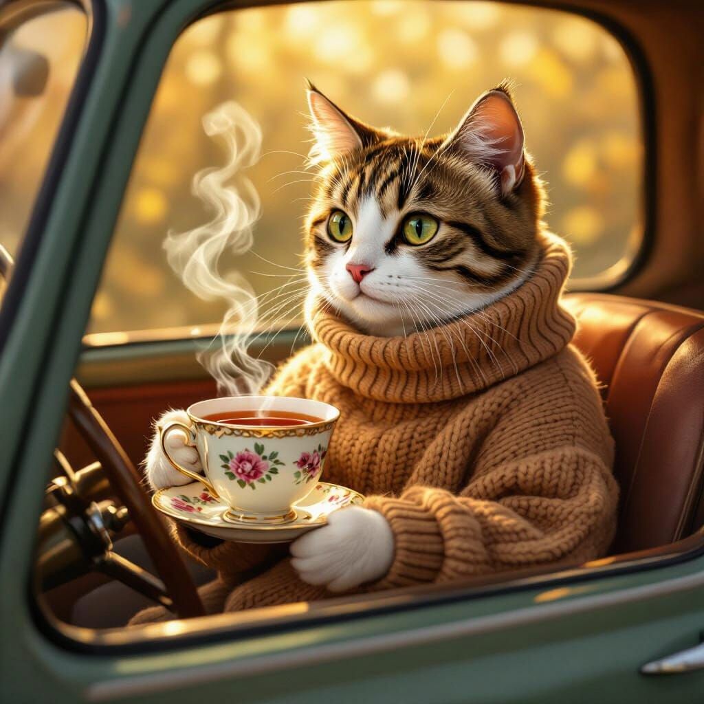 Cat in Car with Tea, Whimsical Illustration