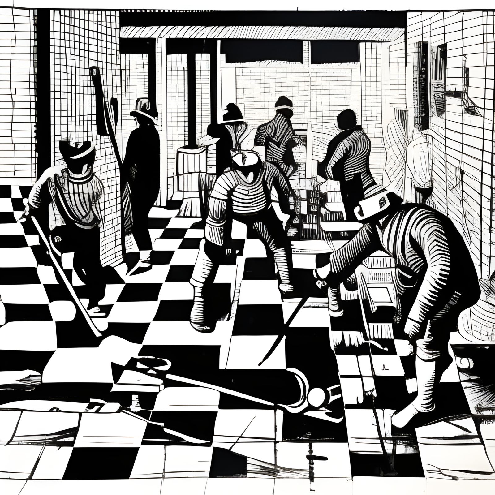 Checkered Workers Forging in Black and White Linocut