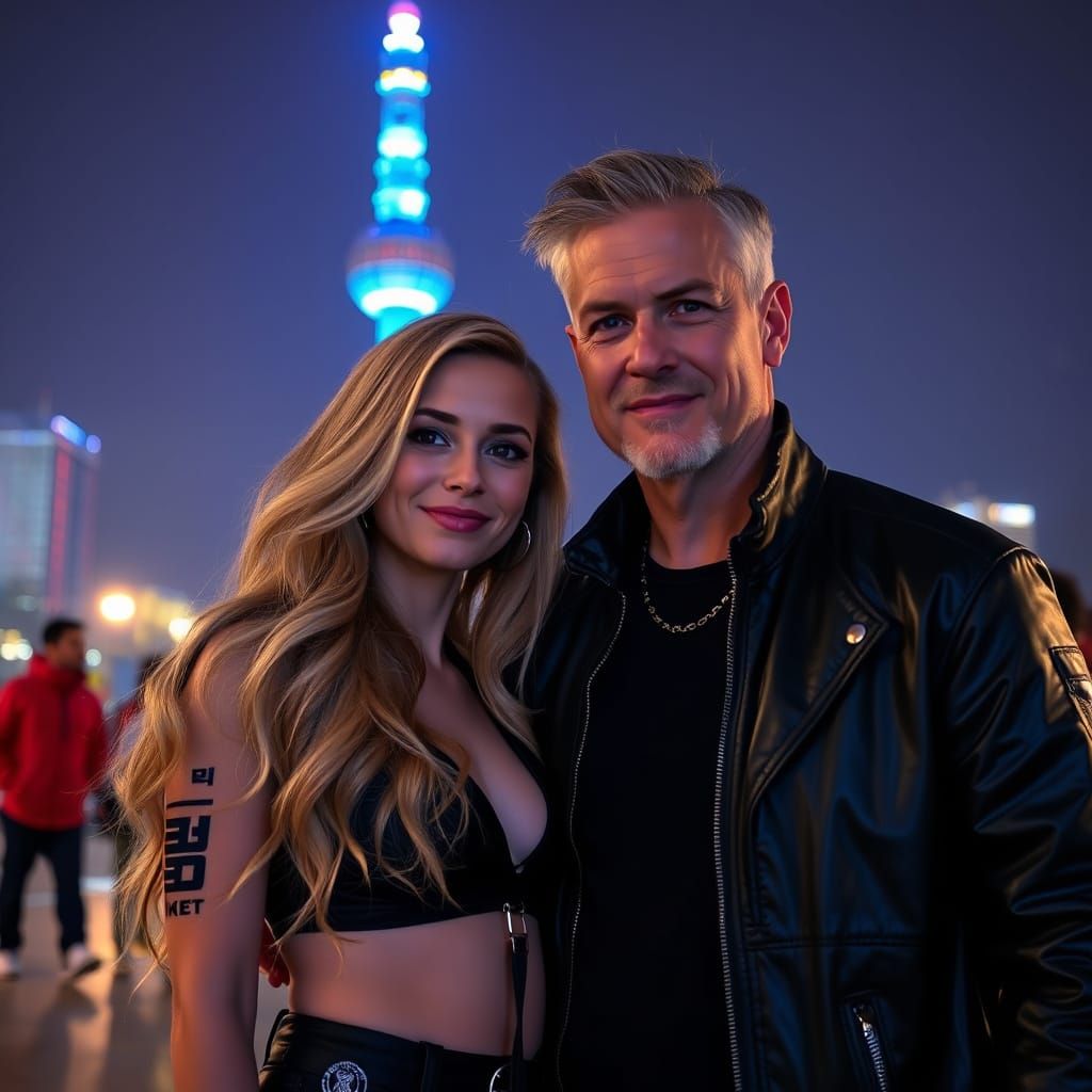 A handsome, slightly gray_haired man standing romantically together with his beautiful blonde wife with long, wavy hair....