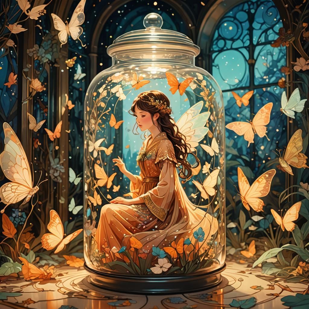 Fairywings Captured in Glass Jar: Fantasy Art