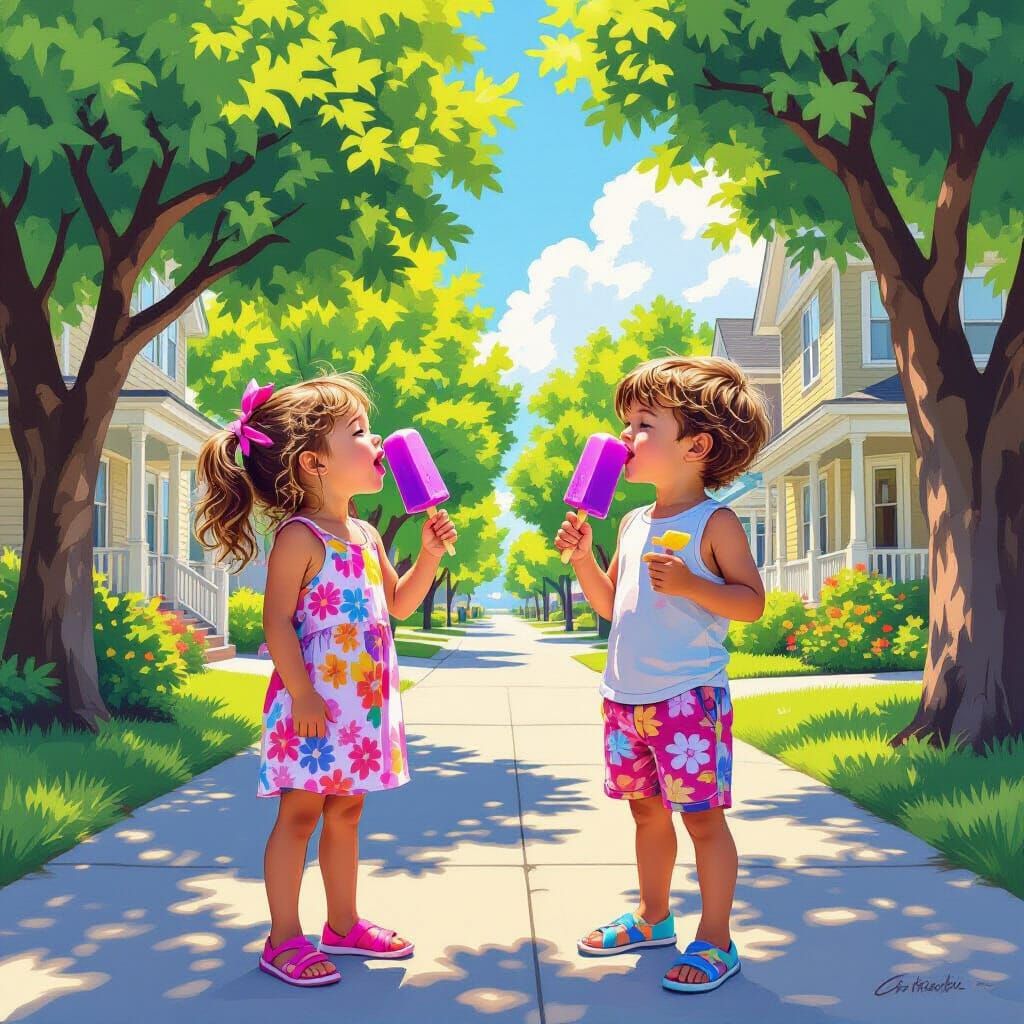 Children Enjoying Popsicles in Comic Book Style