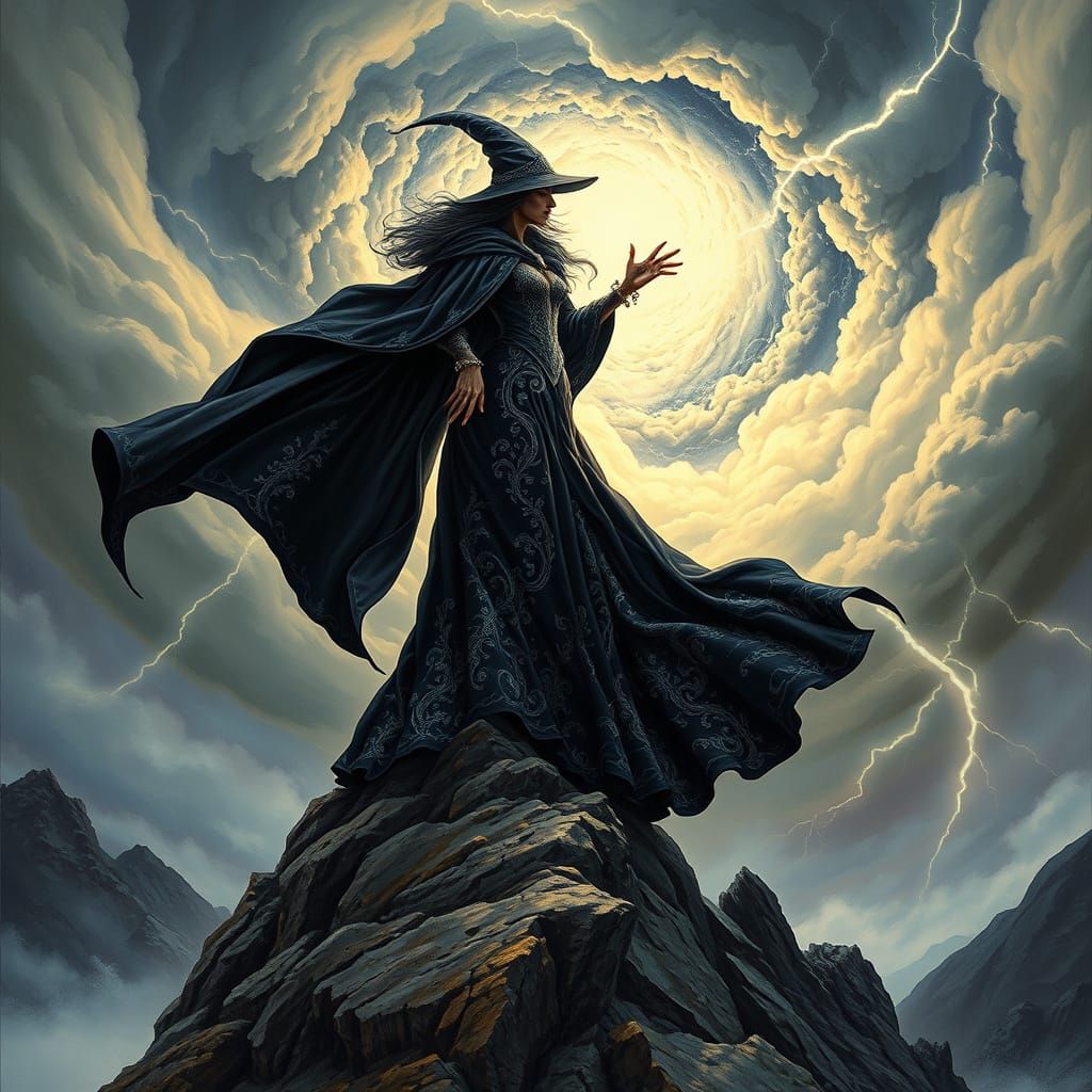 A Majestic Witch Commands a Stormy Mountain Realm