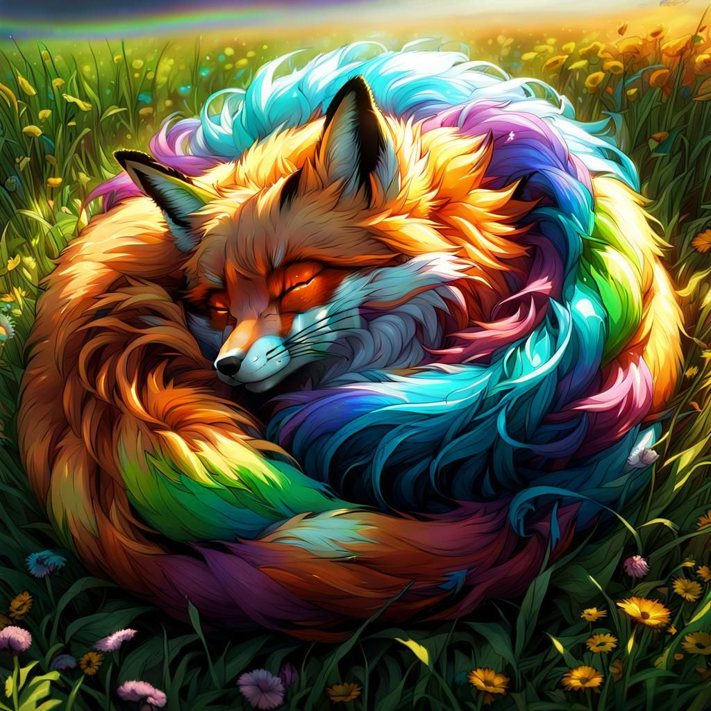 Anime Fox Sleeping in Rainbow Smoke