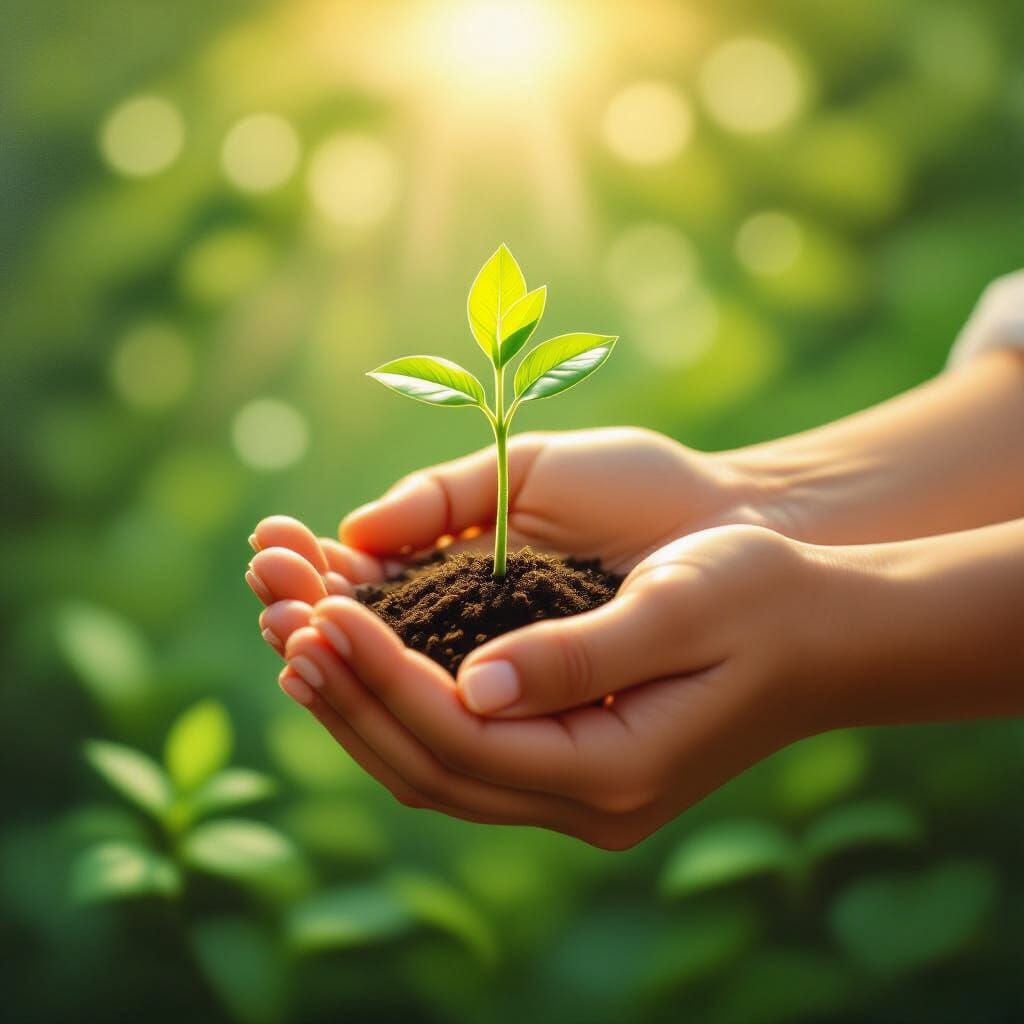 Two Hands Nurturing Glowing Seedling Oil Painting