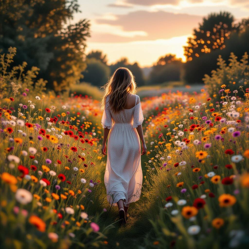 Woman Walking Through Firefly and Wildflower Field