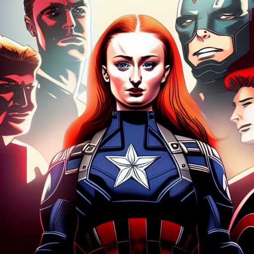 Female Captain America with Avengers, Japanese Illustration