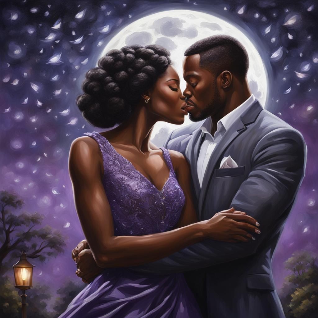Moonlit Kiss: Hyperrealistic Oil Painting of a Couple