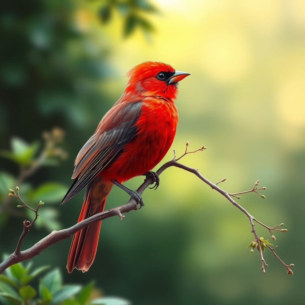 Ethereal Red Bird Perched in Impressionist Landscape