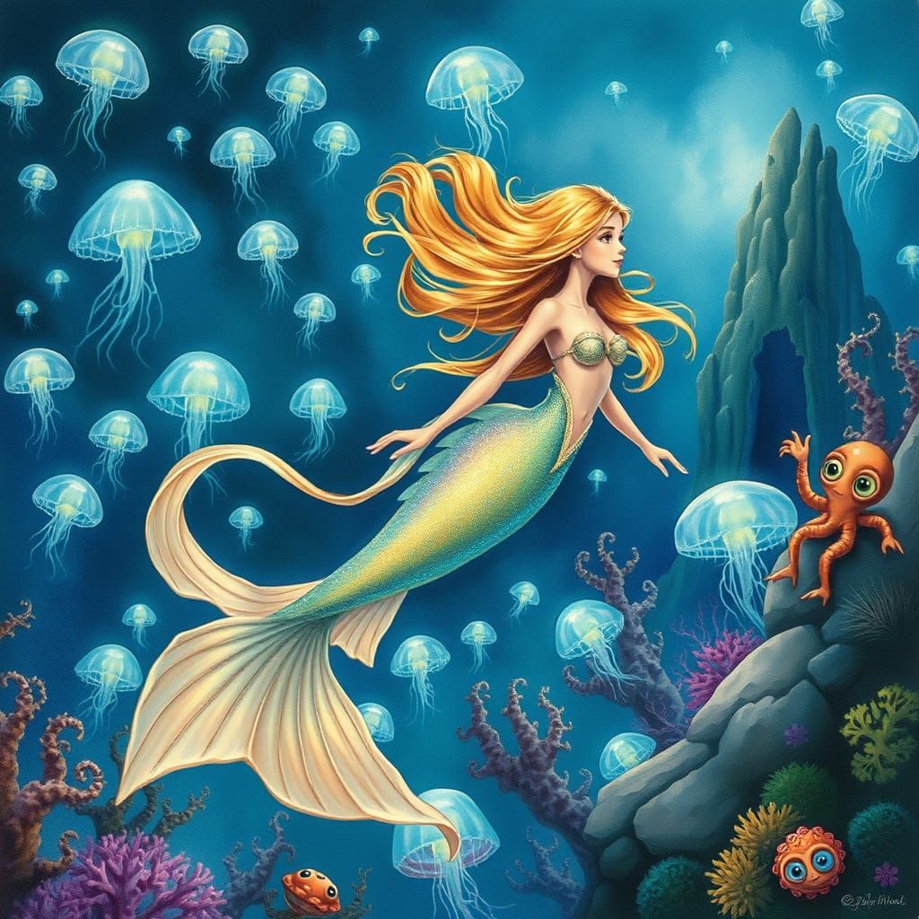 Mystical Ocean Scene with Octopus Observer