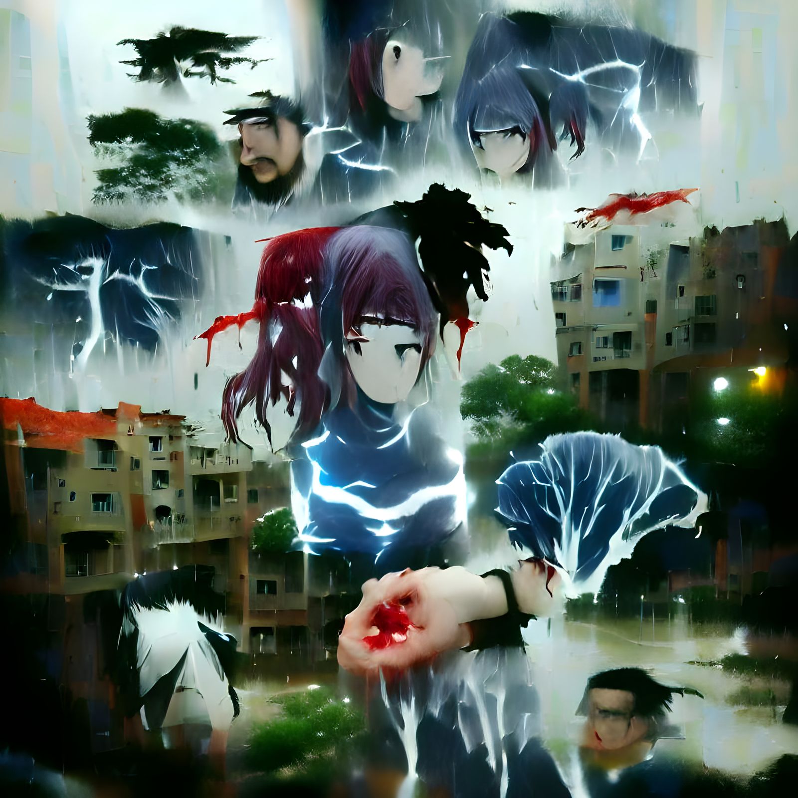 Chidori Anime Scene with Dark Tone and Blood Rain