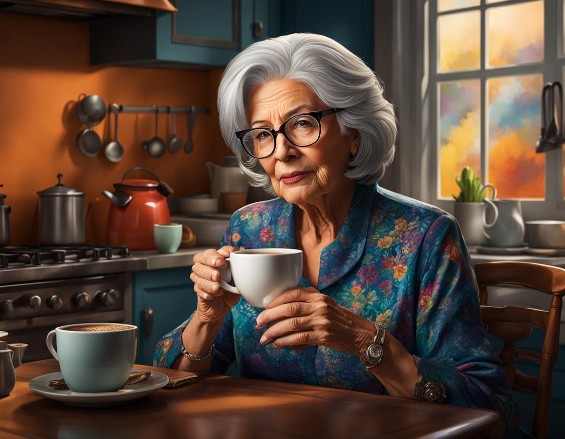 Hyperrealistic Portrait: Older Woman Drinking Coffee