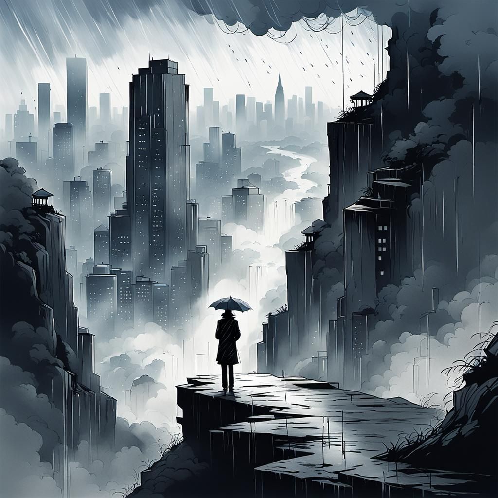 Falling rain, manga style, landscape, black and white