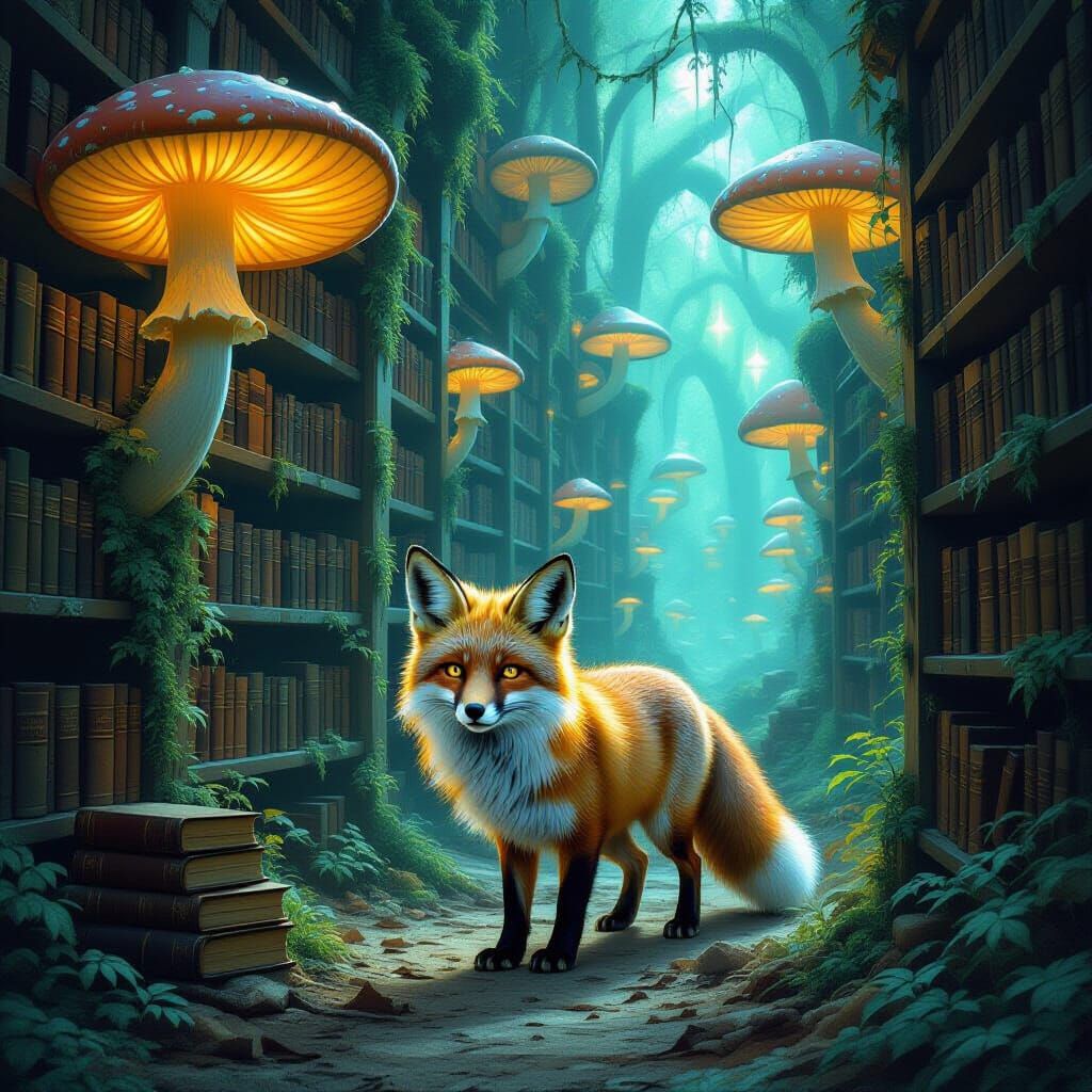 Enchanting Fox in Bioluminescent Forest Library