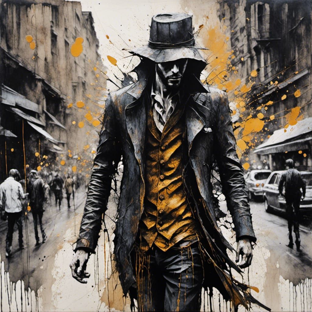 Stylish Man Striding Through City Street: Mixed Media Art