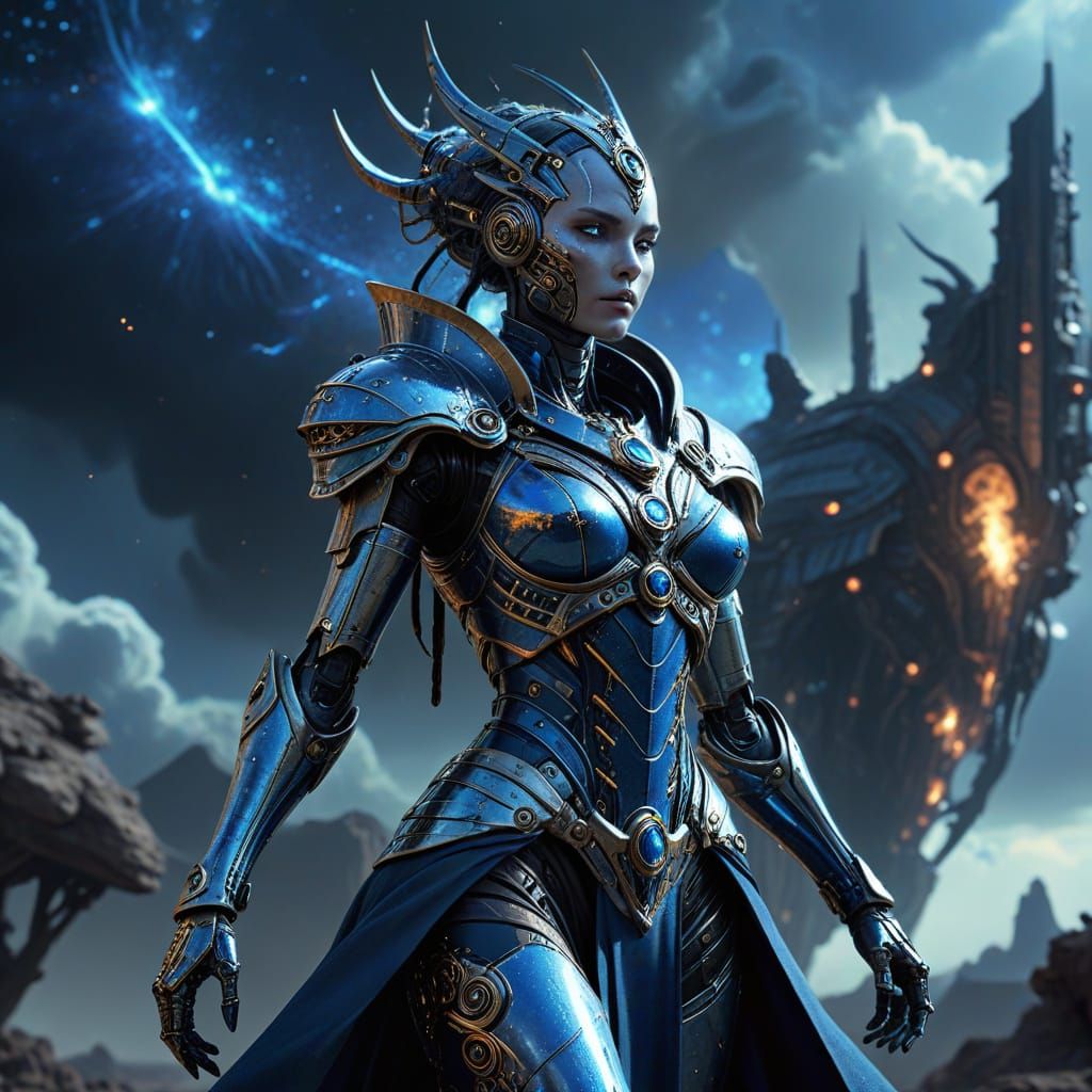 Regal Robot Queen on Alien Planet in Rackham Style