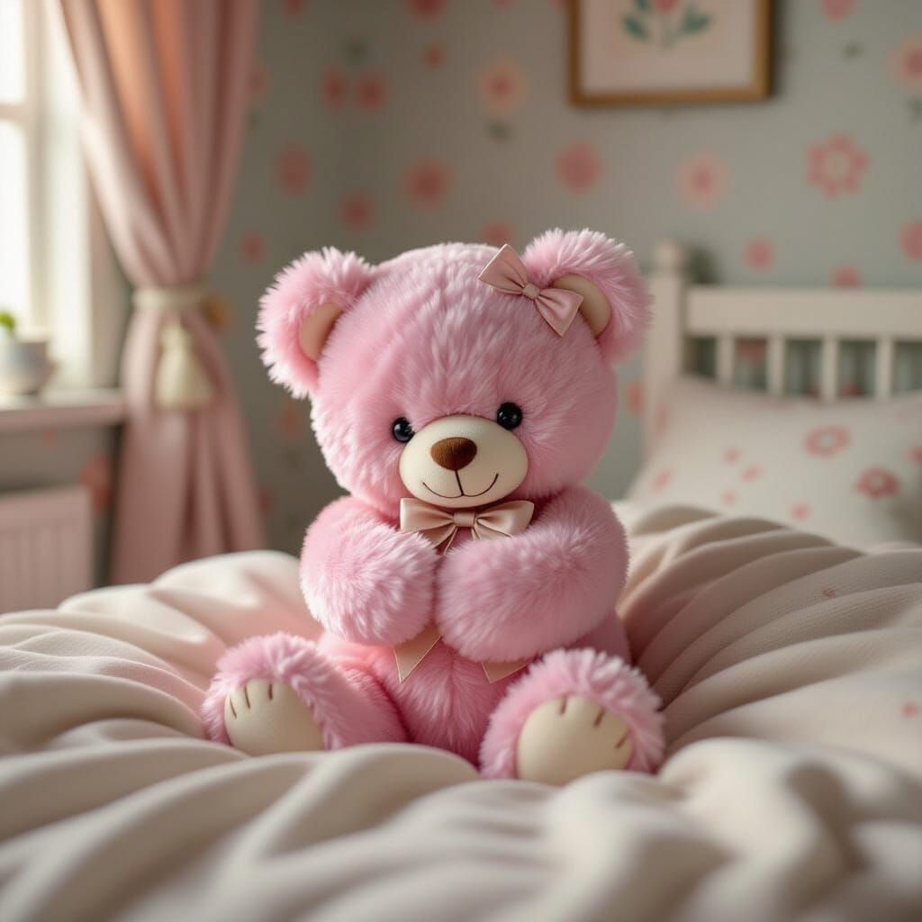 Cute Pink Teddy Bear Hug on Cozy Bed
