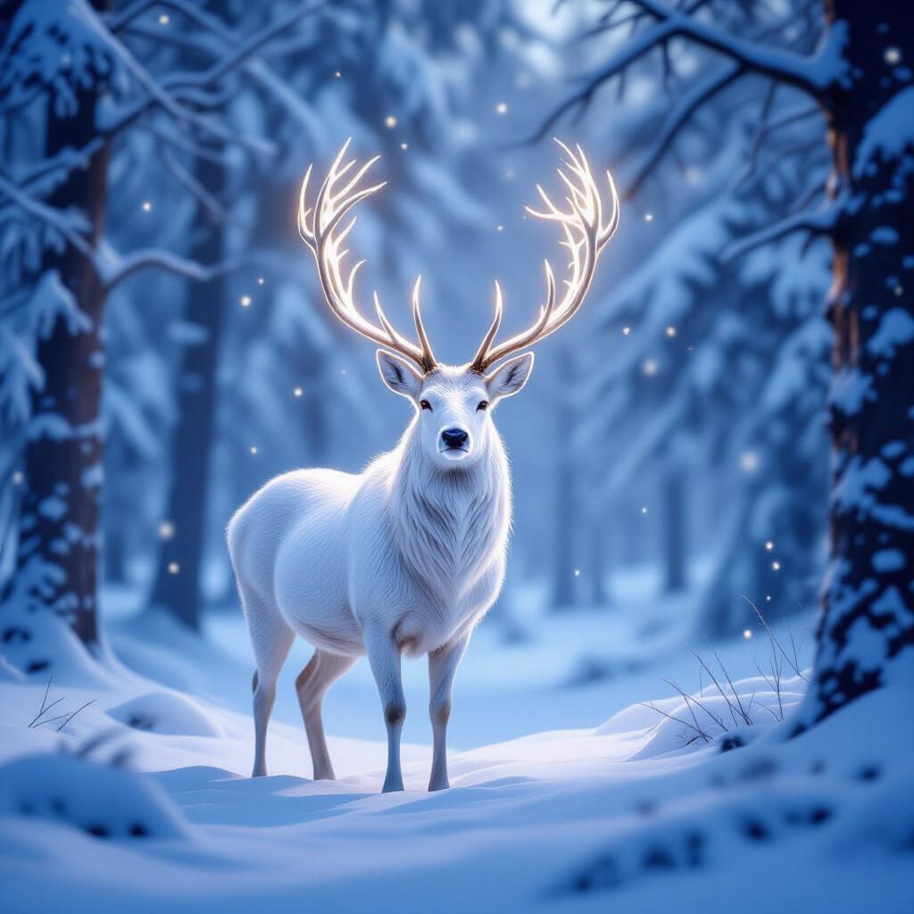 White Stag in Enchanted Snowy Forest