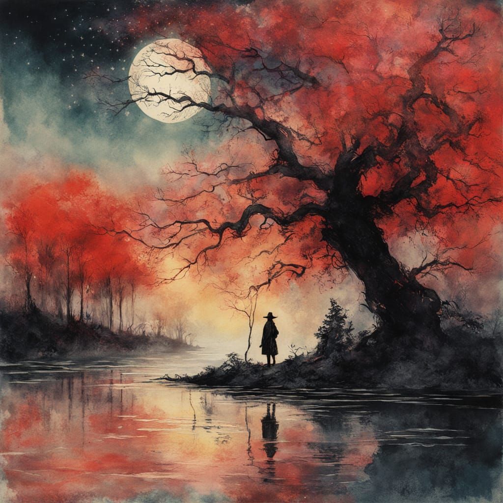 Samurai in Midnight Worship under Cherry Blossoms