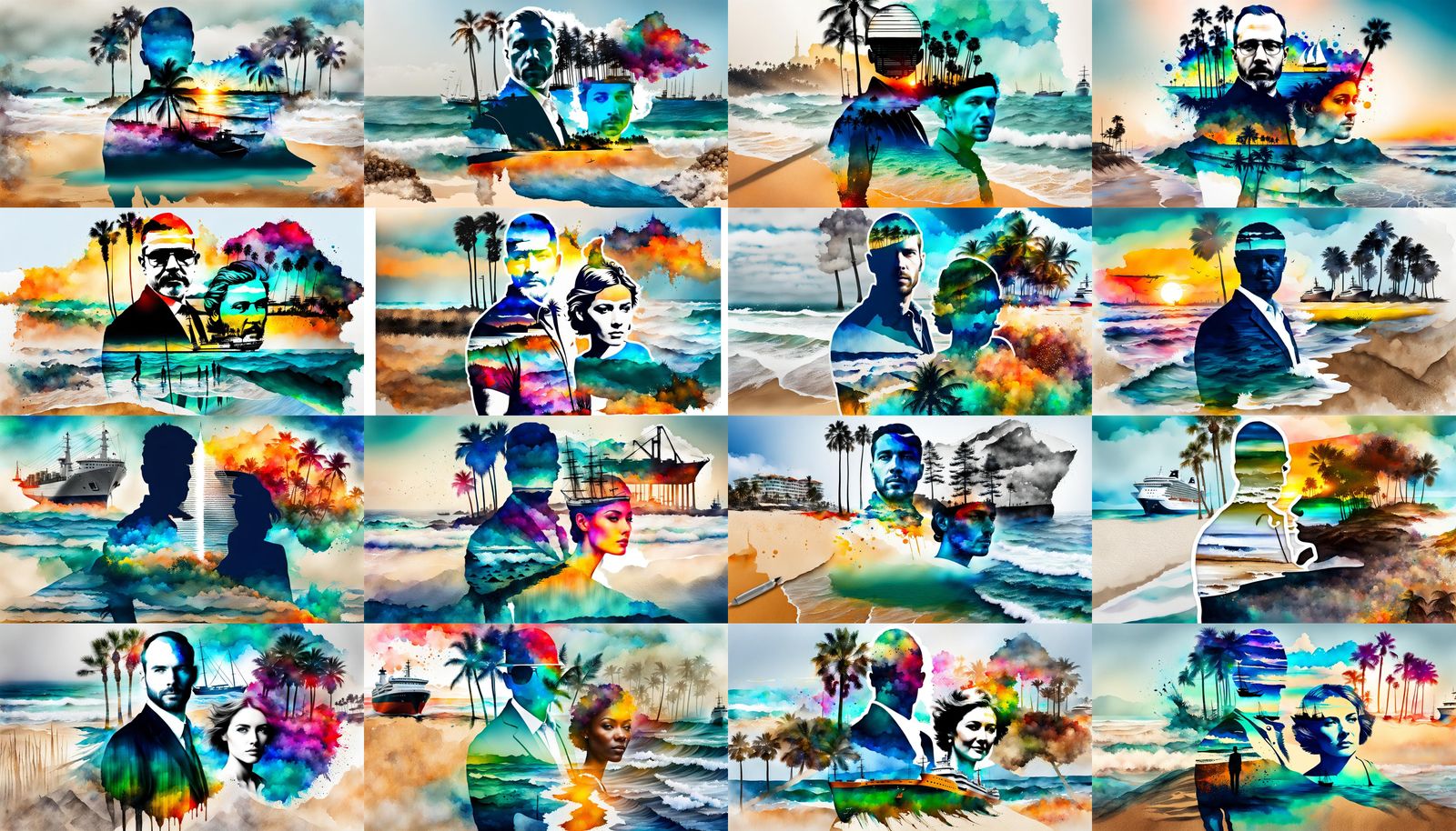 Surreal Double Exposure Beach Head Ship Watercolor Art