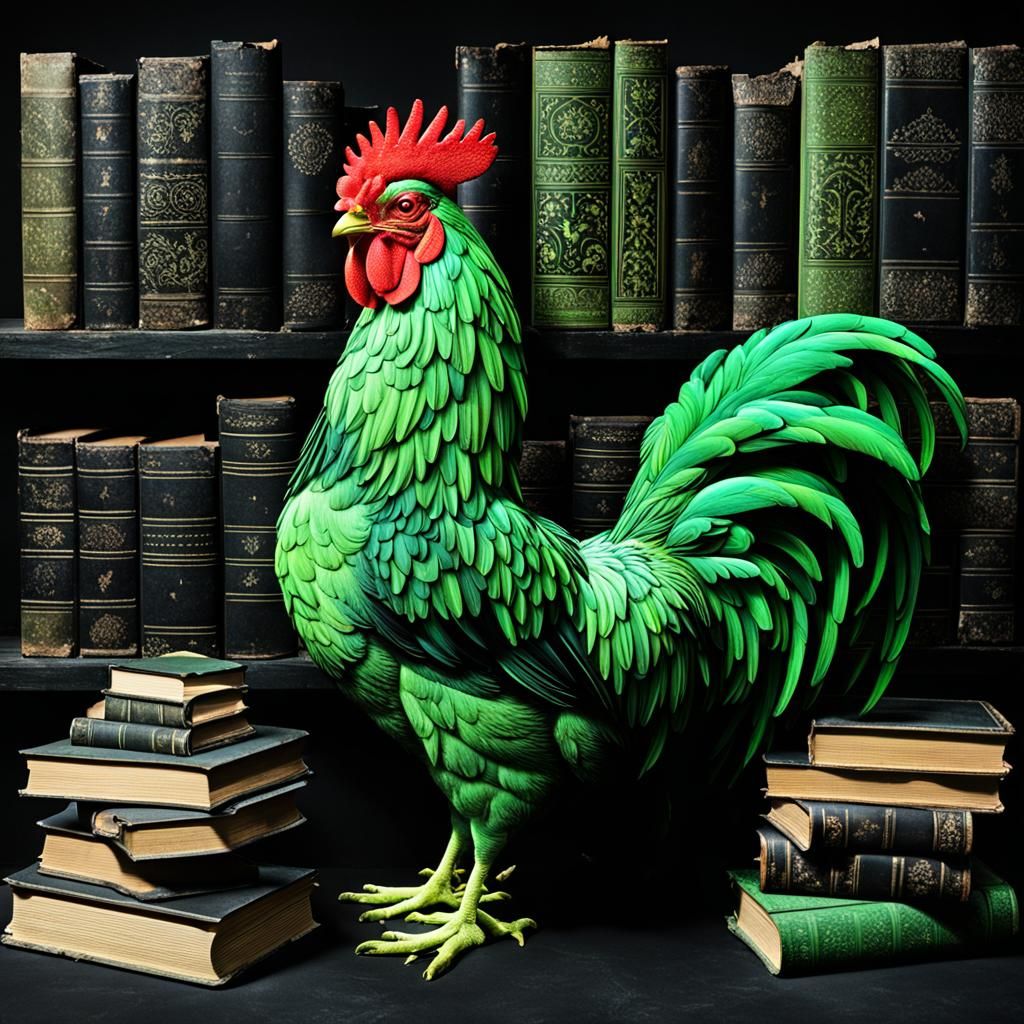 Fluorescent Rooster in a Dark Library