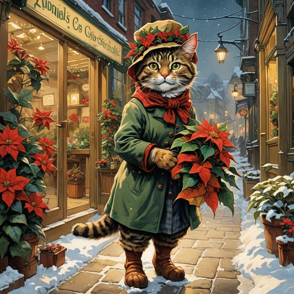 Dickensian Cat Enjoys Winter Wonderland in Flower Shop
