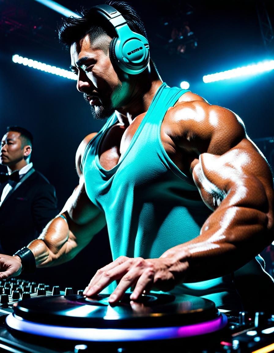 East Asian Bodybuilder DJ in Neon Club