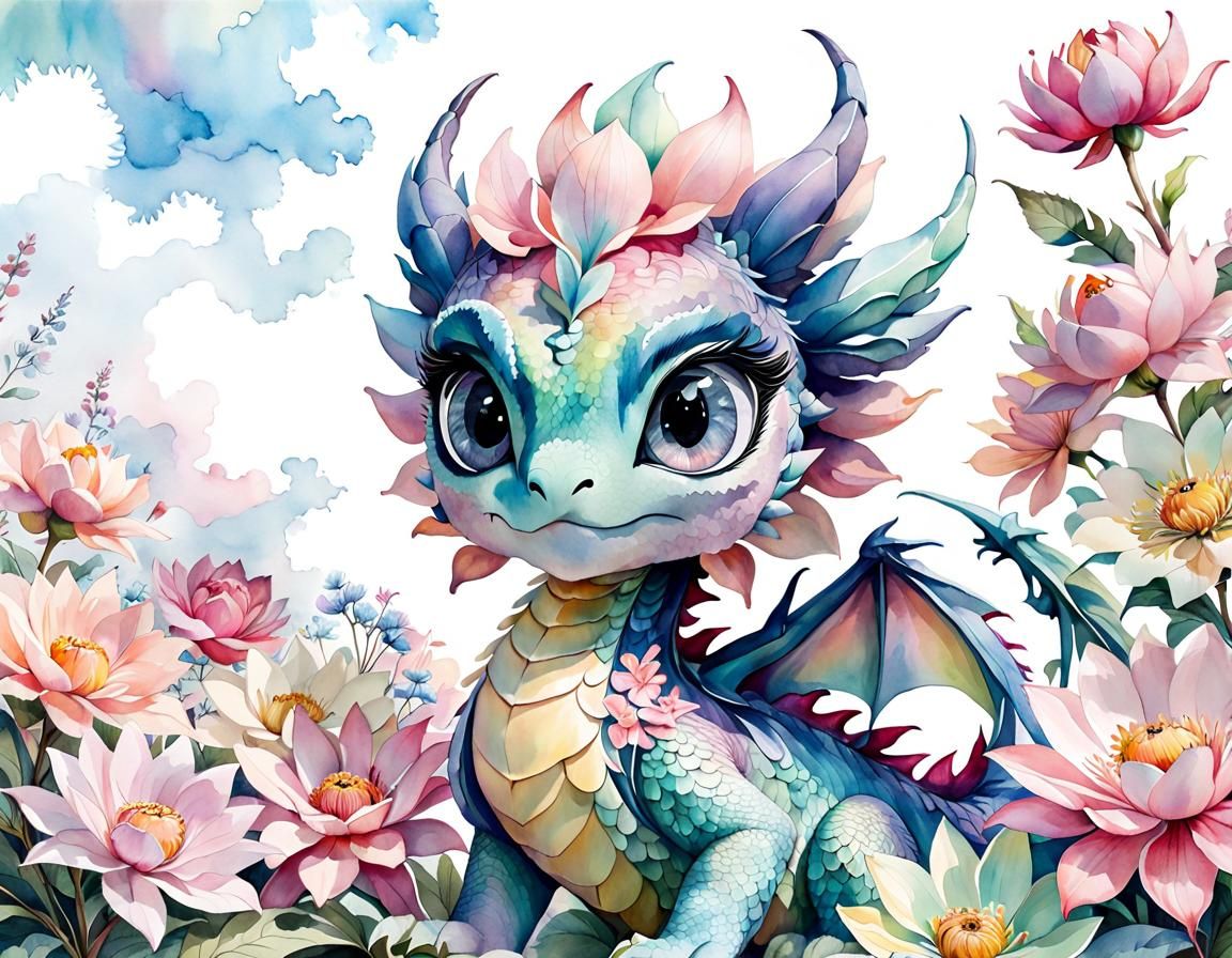 Pastel Watercolor Flower Petal Dragon with Oversized Eyes
