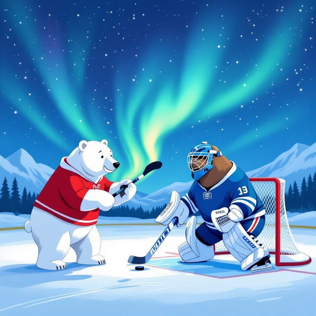 Polar Bear and Walrus Play Hockey Game