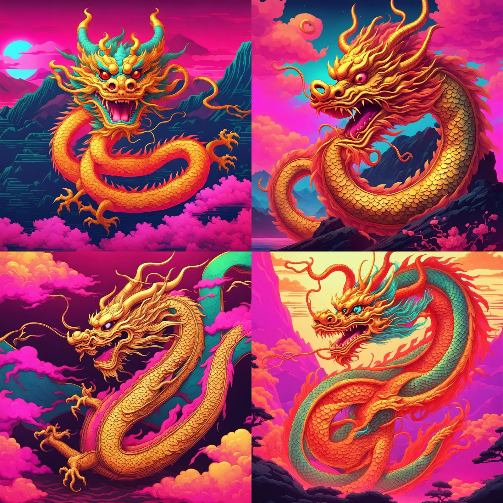 Gilt Chinese Dragon Painting in Synthwave Style