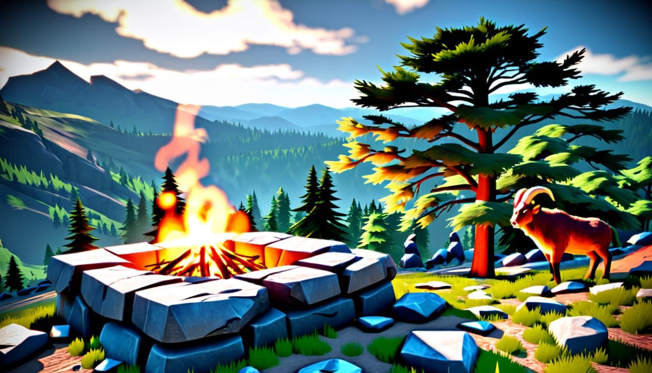 Burning Fireplace on Mountain Soil in 3D Game Cinematic Styl...