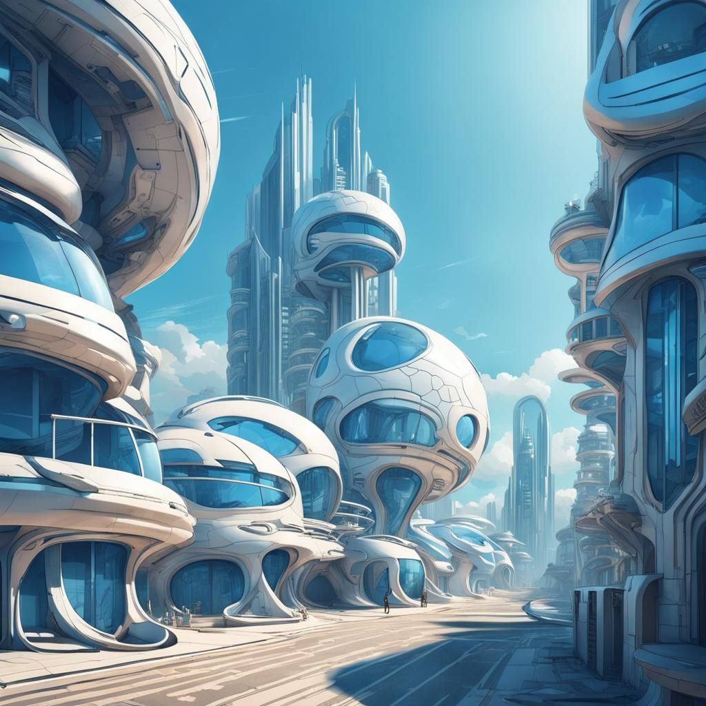 Futuristic Deserted City with Blue Windows