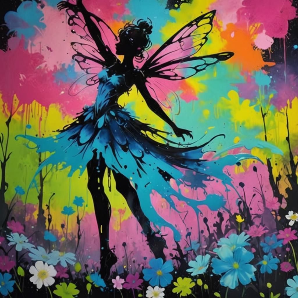 Fairy Silhouette in Blooming Flower Forest Graffiti