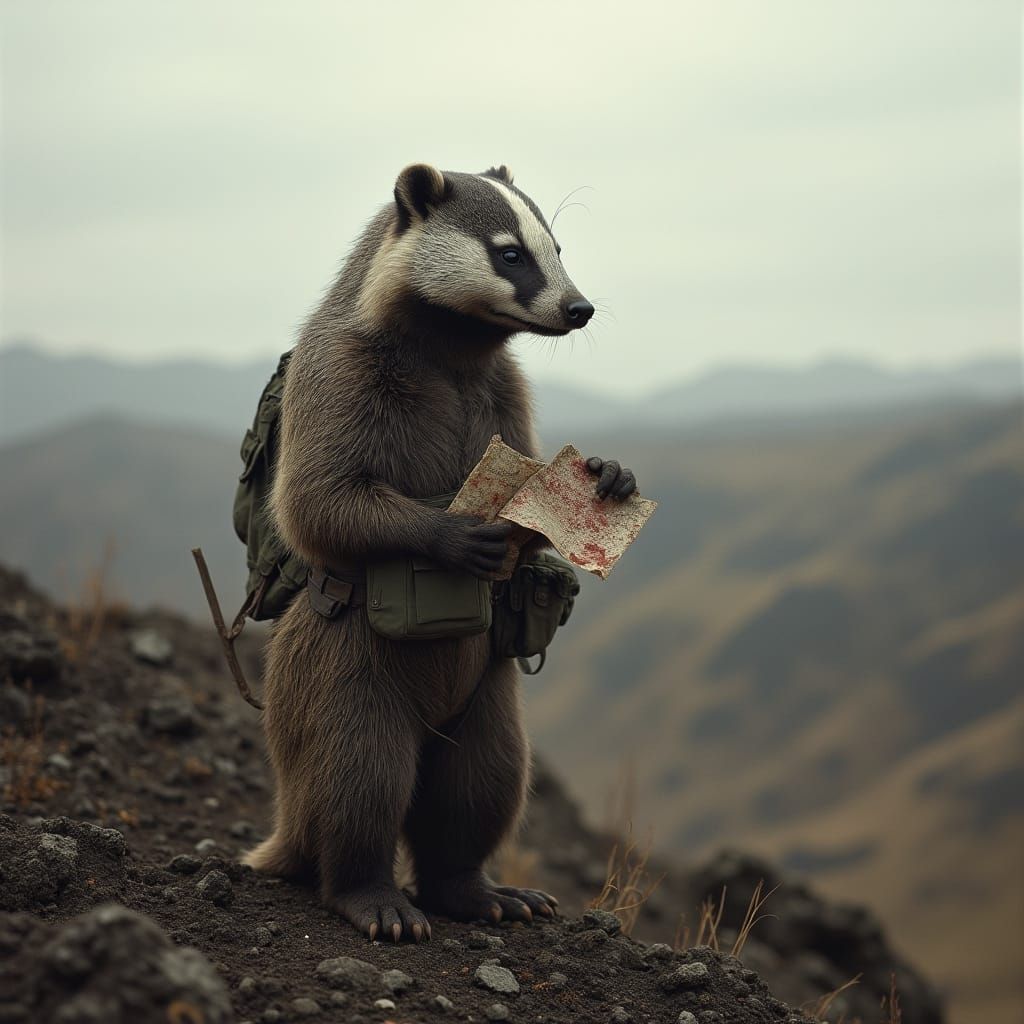Battle-Scarred Badger General Surveying Wartorn Landscape