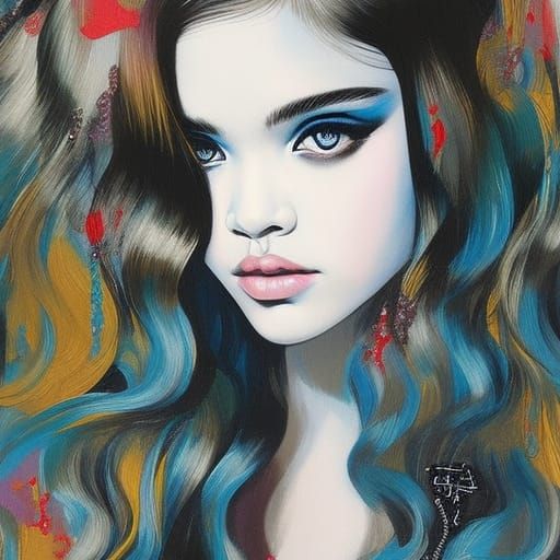 Japanese Princess Graffiti Art with Blue Eyes