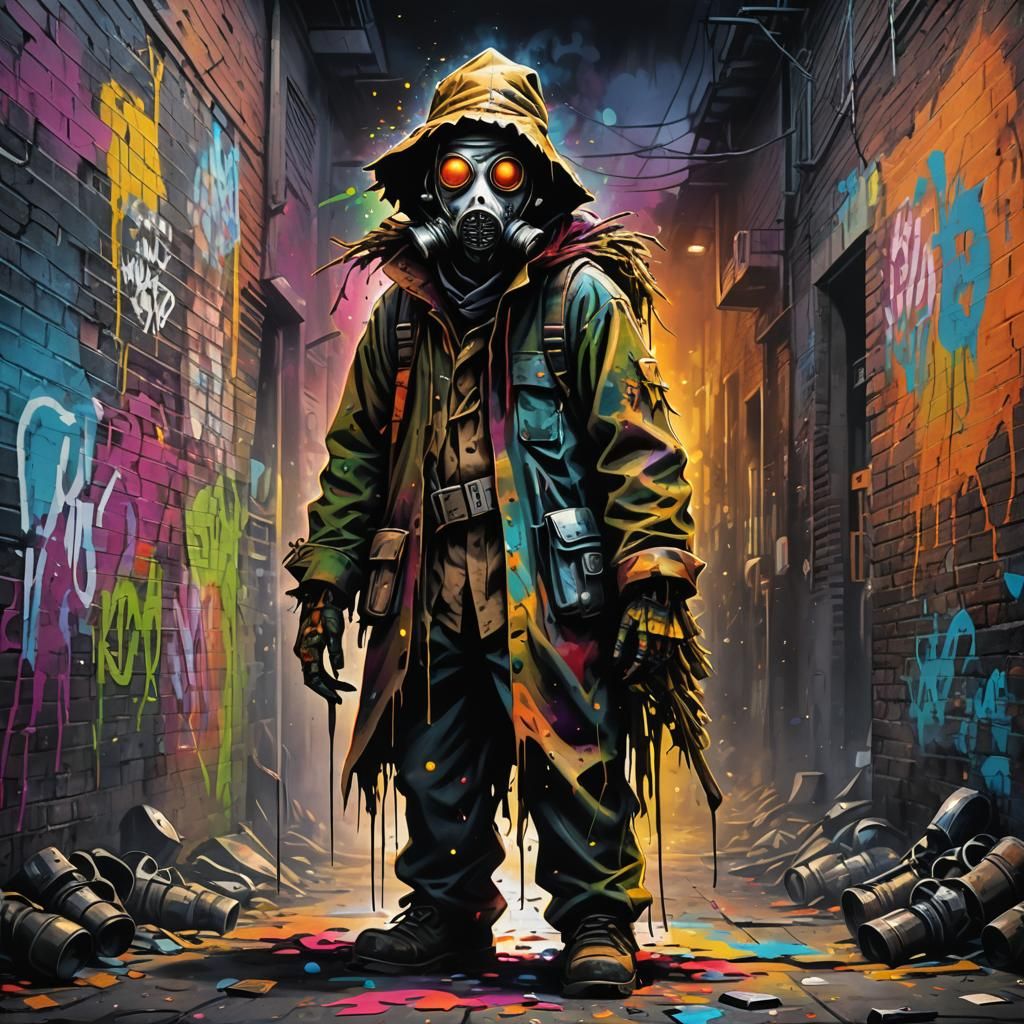 Scarecrow in Dark Alley: Graffiti Art with Ominous Shadow