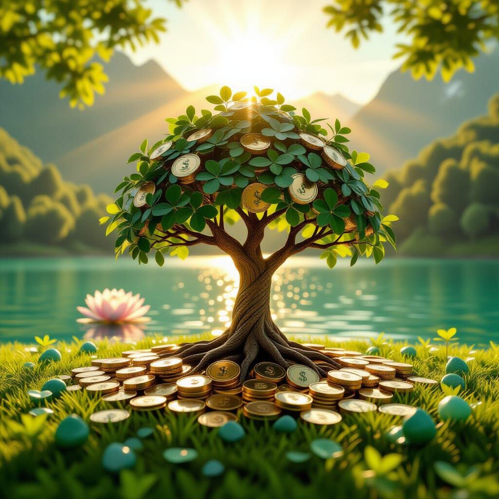 Money Tree With Dollar Coins and Sunbeam Landscape